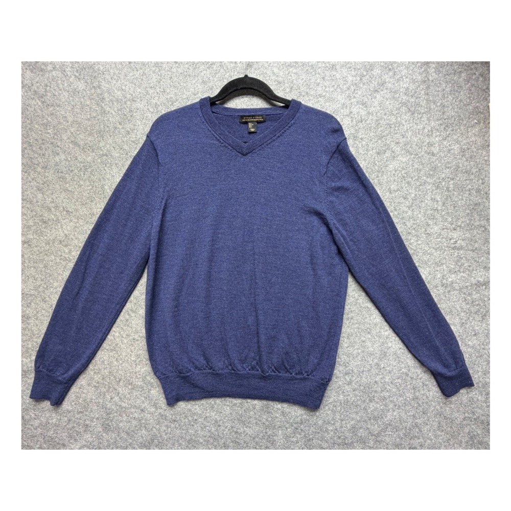 Ethan Pierce Blue 100% Extra Fine Merino Wool V-Neck Sweater Mens Large Heather